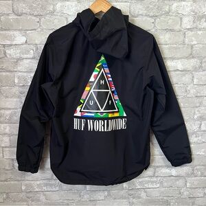 Huf Worldwide Men's Small Windbreaker Jacket with Hood. Black w Colorful Graphic